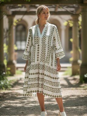 Silk & Salt Olive Green White Geometric Boho Tiered Dress Size M Coastal Minimal